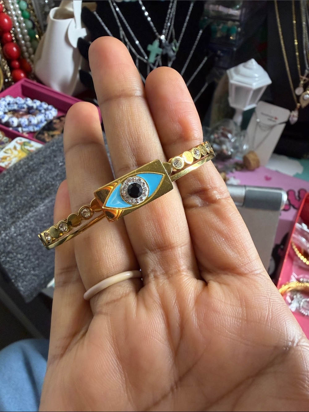 Gold-Tone Evil Eye Bangle Bracelet with Blue Enamel Accents